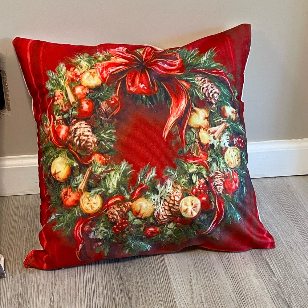 New Handmade Decorative Throw Holiday Wreath Pillow with Red and Green Accents